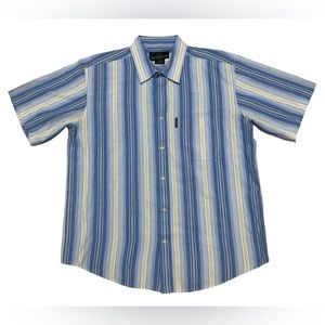 Vintage Weatherproof Men’s Blue Yellow Brown Striped Button Up Shirt Size L/G